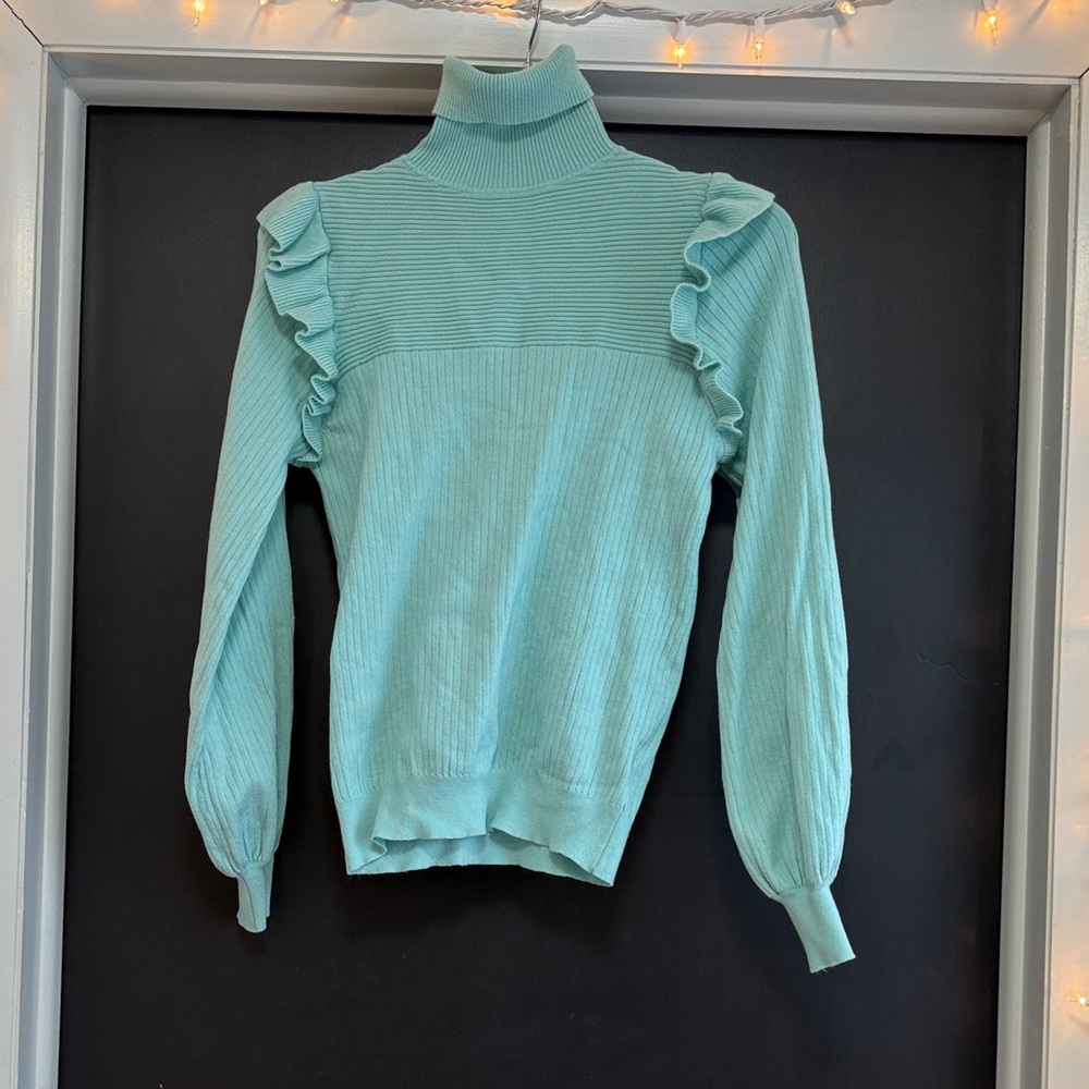 Chic Aqua Ruffled Turtleneck Sweater